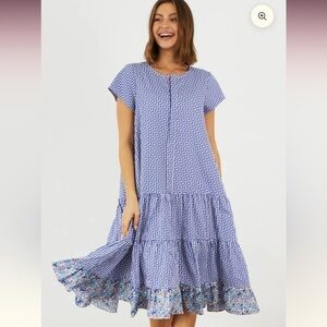Zaket & Plover Summer Dress Gingham blue & white maxi floral ruffle dress - XS